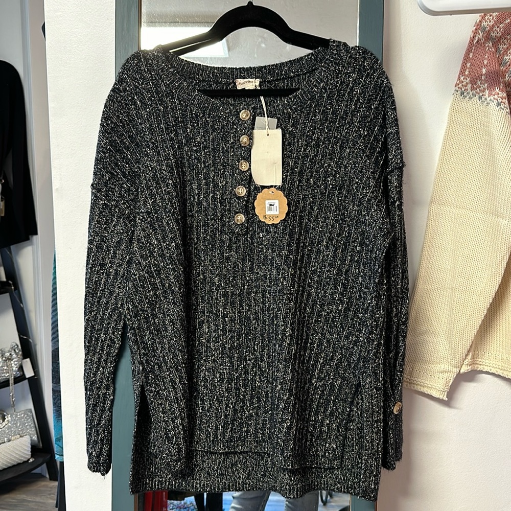 Navy with tan threads button up sweater cute flare sleeve with button